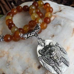 Ethnic Silver Necklace Natural Agate Stone Indian Tribal Boho Pendant